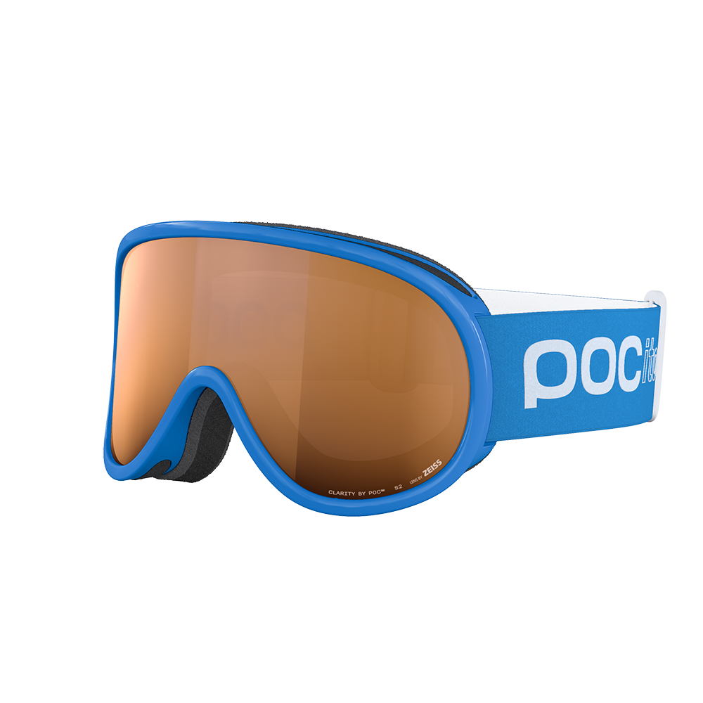 Side view of a pair of blue POC POCito Retina Jr Goggles featuring a flexible fluorescent polyurethane frame, cylindrical double lens, triple-layer face foam, and a reflective helmet strap with internal silicone grip.