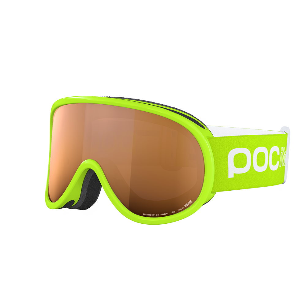 Side view of a pair of green POC POCito Retina Jr Goggles featuring a flexible fluorescent polyurethane frame, cylindrical double lens, triple-layer face foam, and a reflective helmet strap with internal silicone grip.