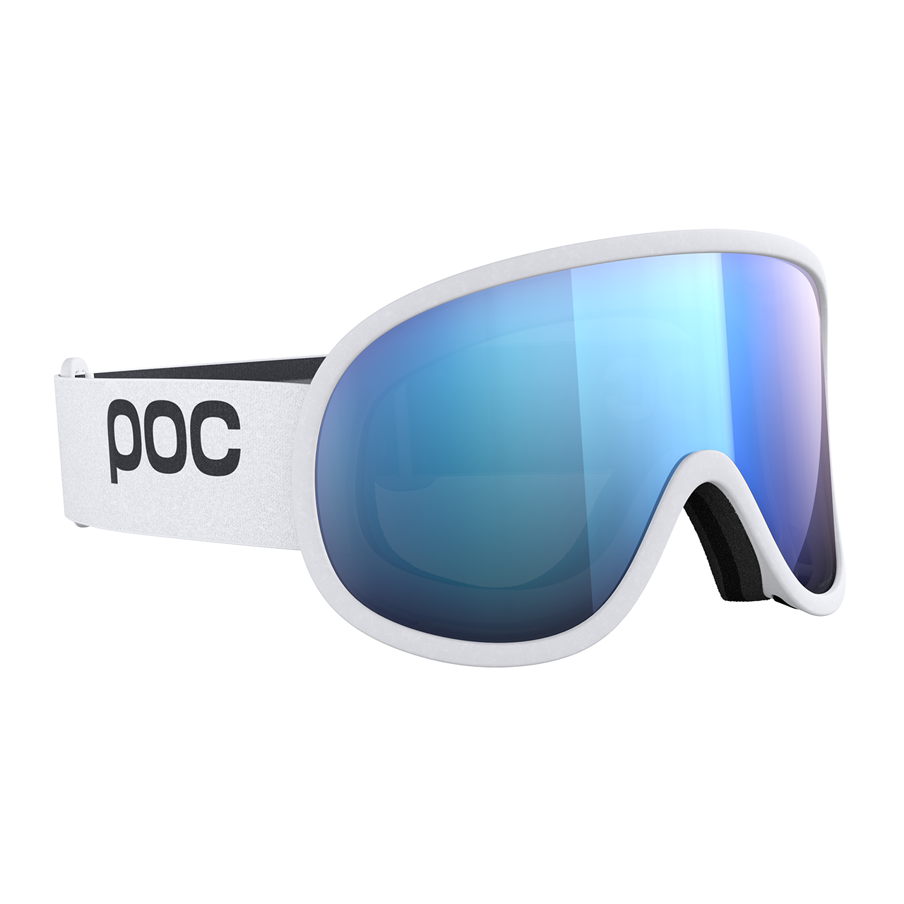 White POC Retina goggles that feature an blue anti-fog lens.