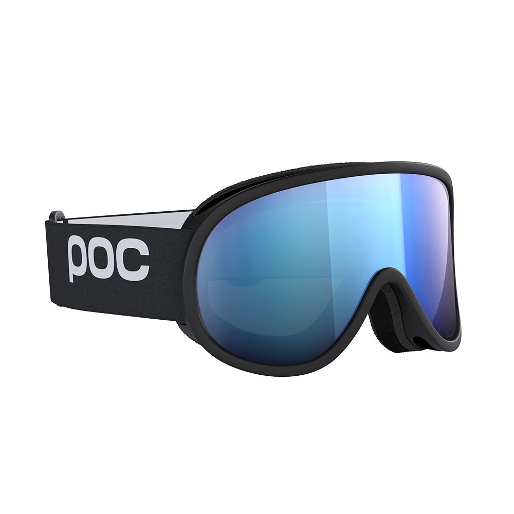 Black POC Retina Mid ski goggles that feature a blue anti-fog lens.