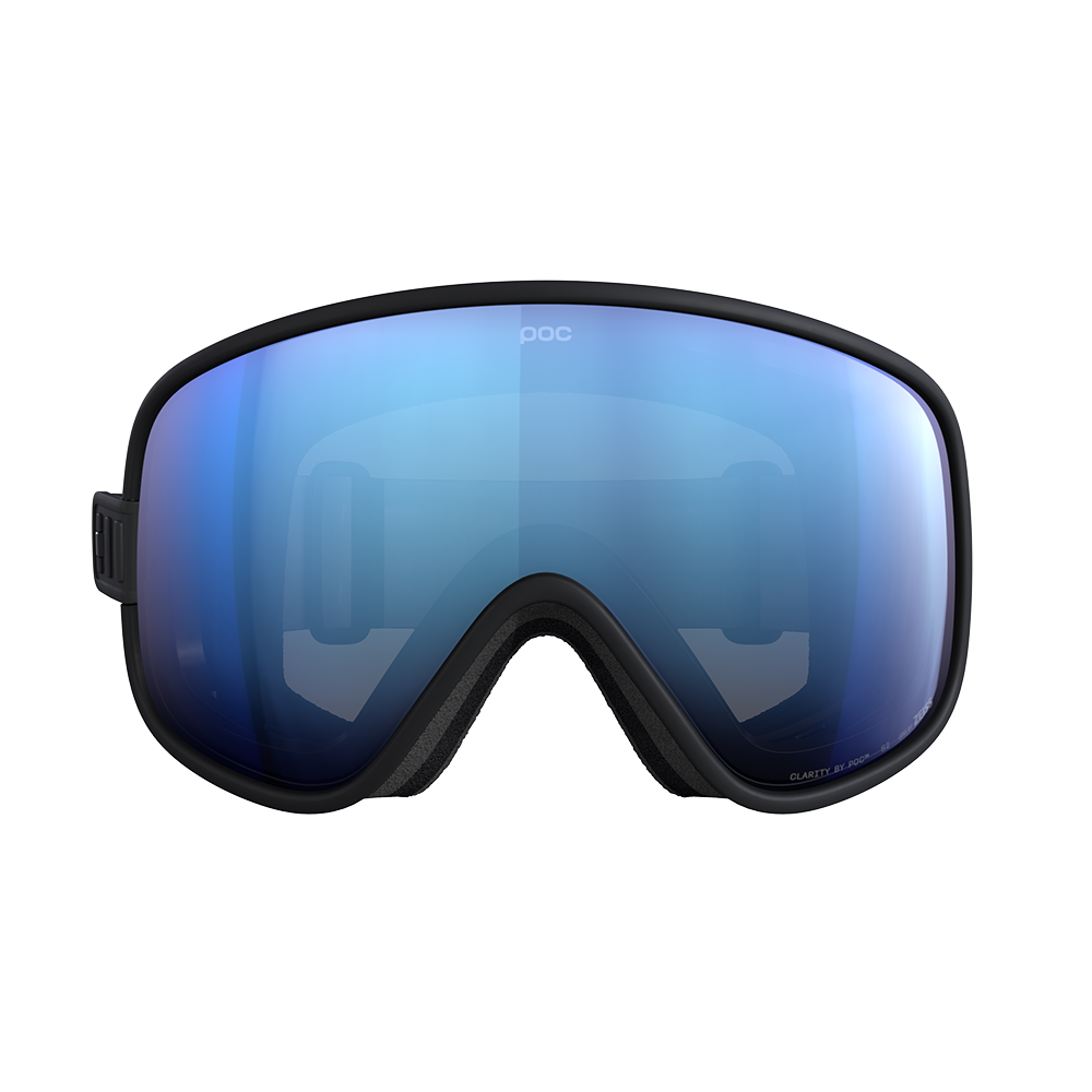 Front view of a black POC Vitrea Mid Ski Goggles featuring a shallow-angle toric Clarity lens, quick-change magnetic lens release mechanisms, dual-material frame, and triple-layer face foam.