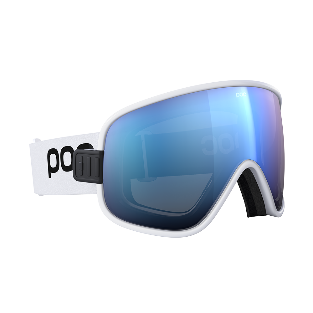 Side view of a white POC Vitrea Mid Ski Goggles featuring a shallow-angle toric Clarity lens, quick-change magnetic lens release mechanisms, dual-material frame, and triple-layer face foam.