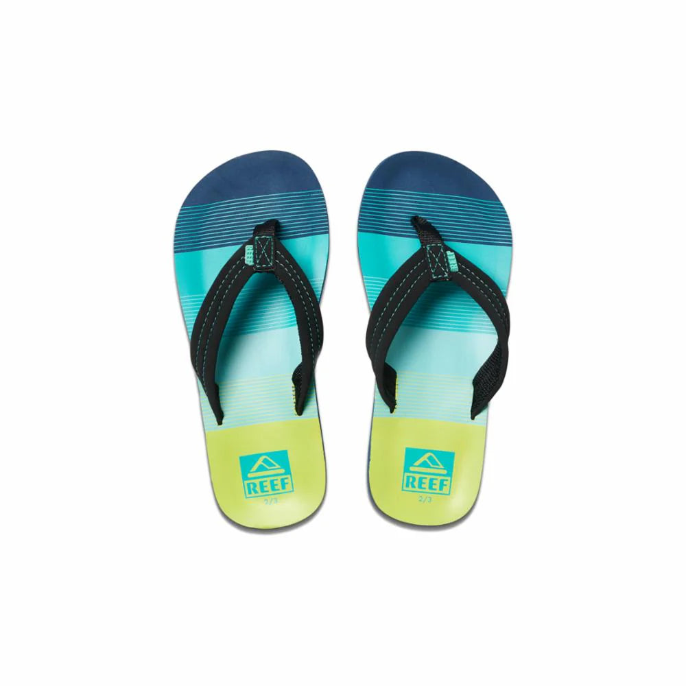 Blue and green Reef Junior Ahi Stripes flip-flop sandal on a white background