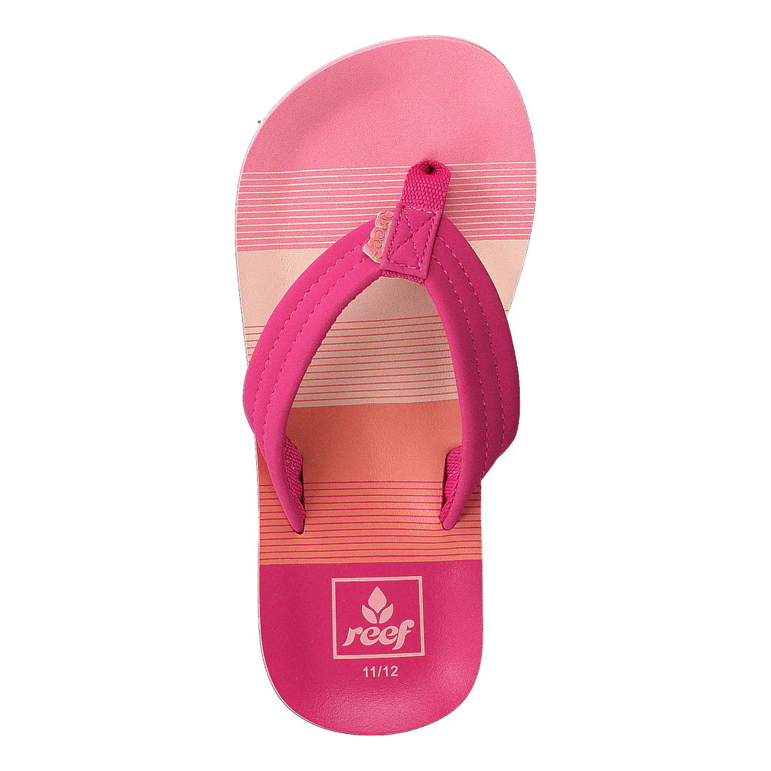 Pink and orange Reef Junior Ahi Stripes flip-flop sandal on a white background