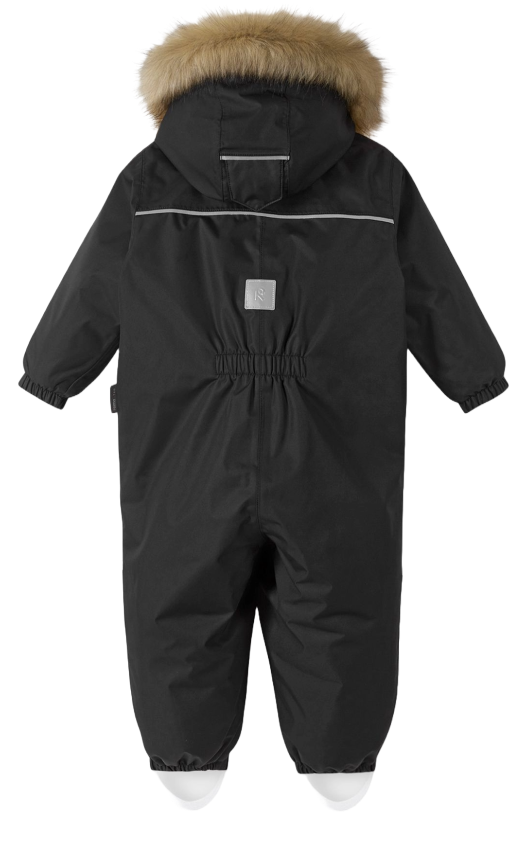 Reima JR Gotland One-Piece Ski Suit featuring waterproof construction, lightweight insulation, detachable hood, reinforced knees, and full-body winter protection.