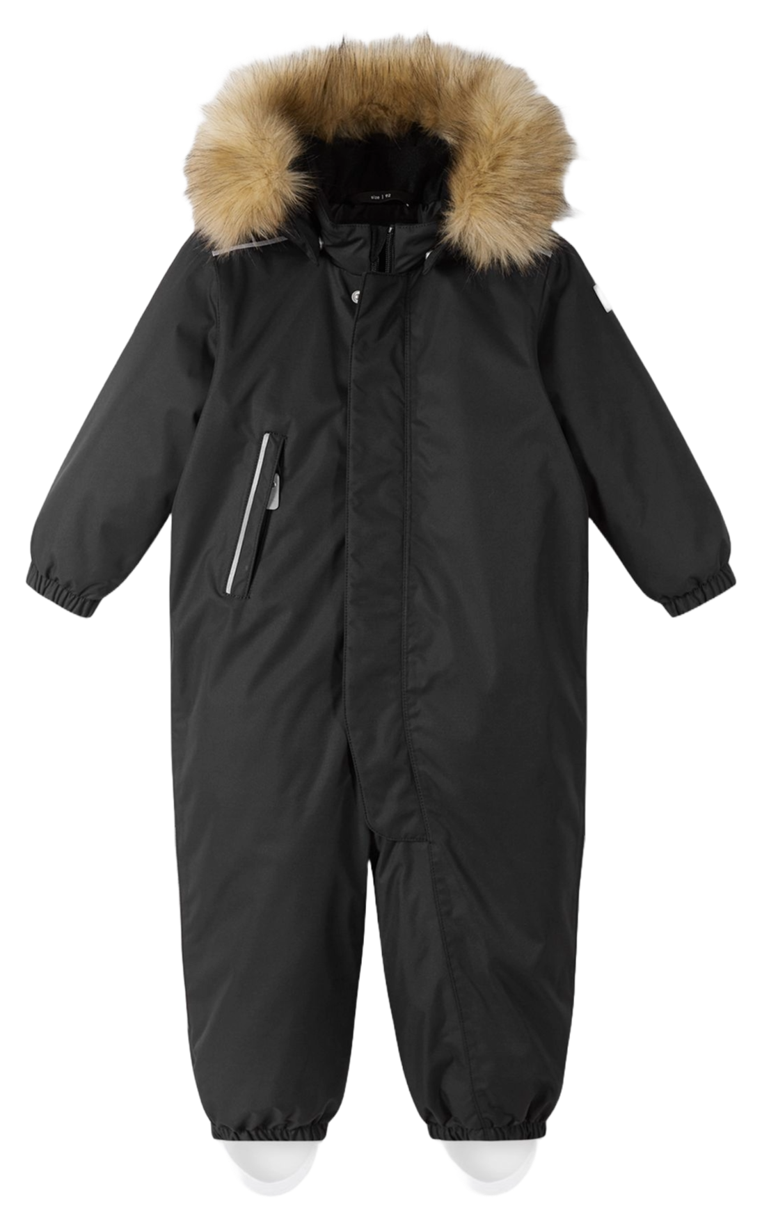 Reima JR Gotland One-Piece Ski Suit featuring waterproof construction, lightweight insulation, detachable hood, reinforced knees, and full-body winter protection.