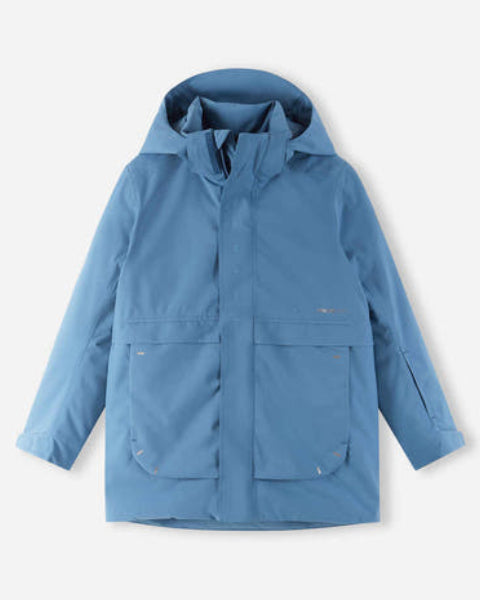 Reima JR Kaamanen Ski Jacket featuring waterproof construction, lightweight insulation, adjustable hood, snow skirt, and a junior-specific fit for winter adventures.