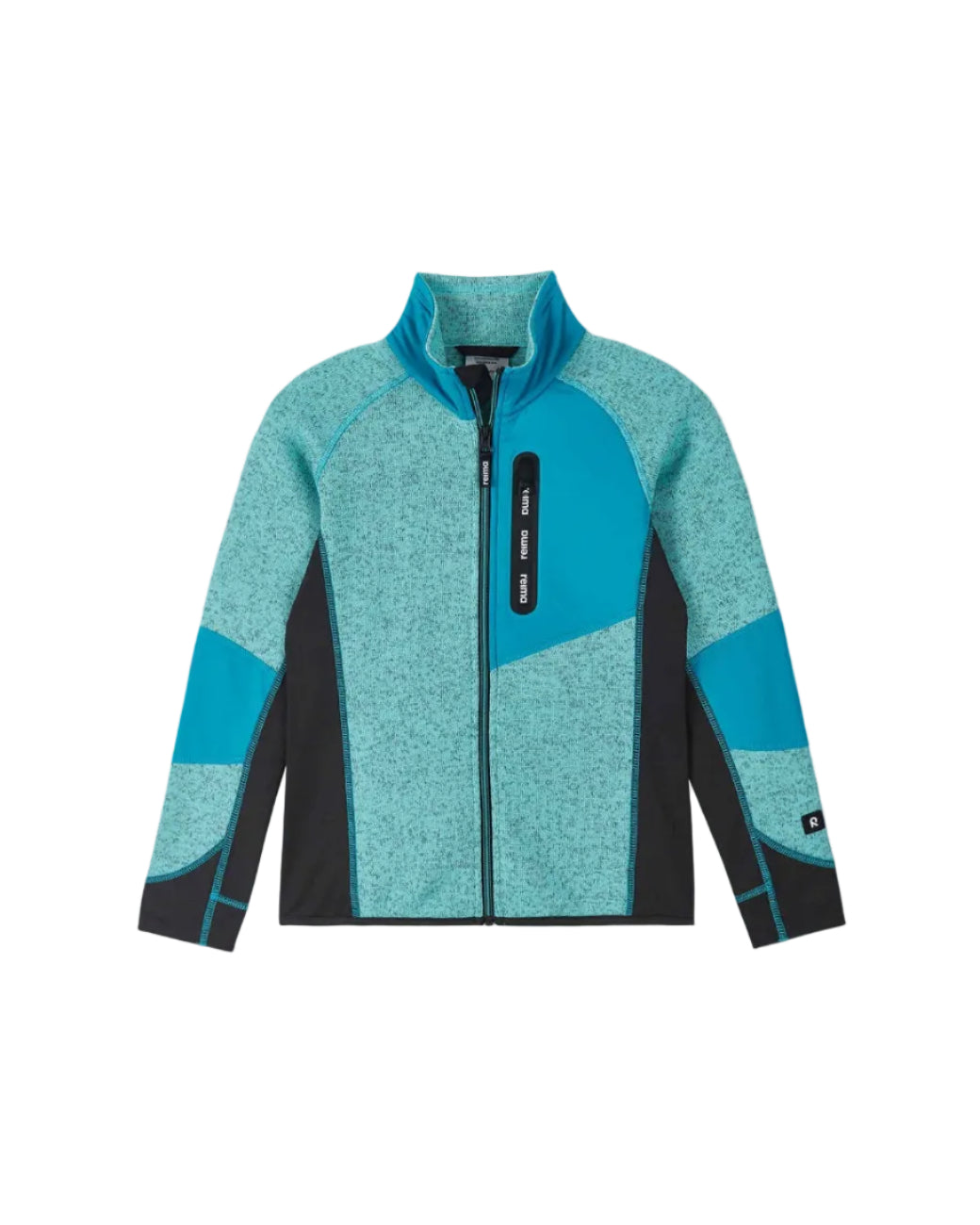 Front view of an aquamarine Reima Laskien Fleece Sweater featuring a full-length zipper with chin guard, soft knit Seawool fabric, shaped ergonomic fit, and zippered chest pocket.