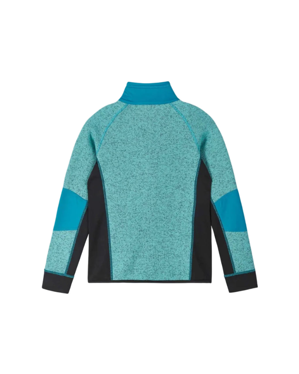 Rear view of an aquamarine Reima Laskien Fleece Sweater featuring a full-length zipper with chin guard, soft knit Seawool fabric, shaped ergonomic fit, and zippered chest pocket.