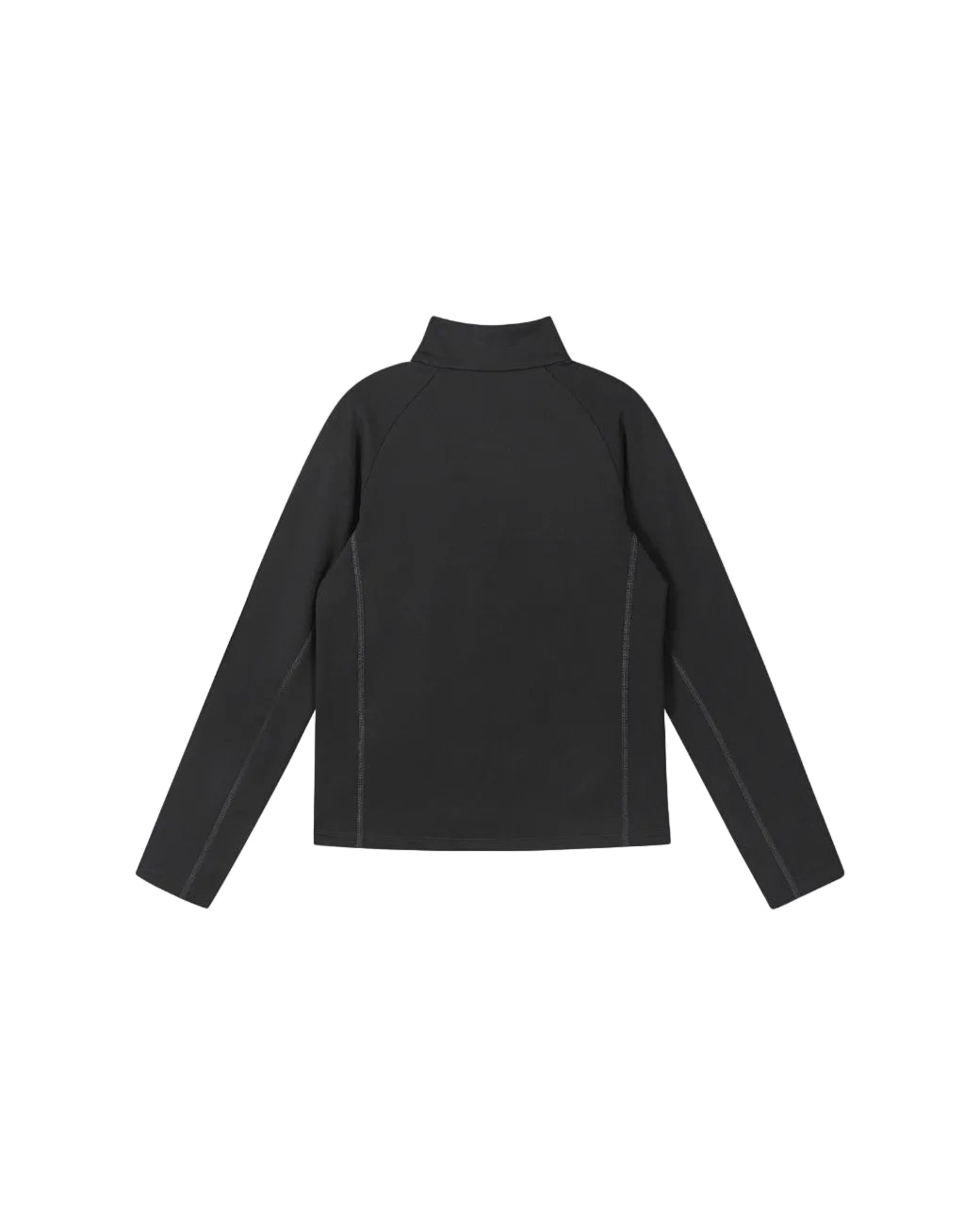 Rear view of a black Reima Jr Meriol Fleece Sweater featuring a full-length zipper, soft Seawool knit fabric, smooth low-friction outer face, and extended cuffs with thumb holes.