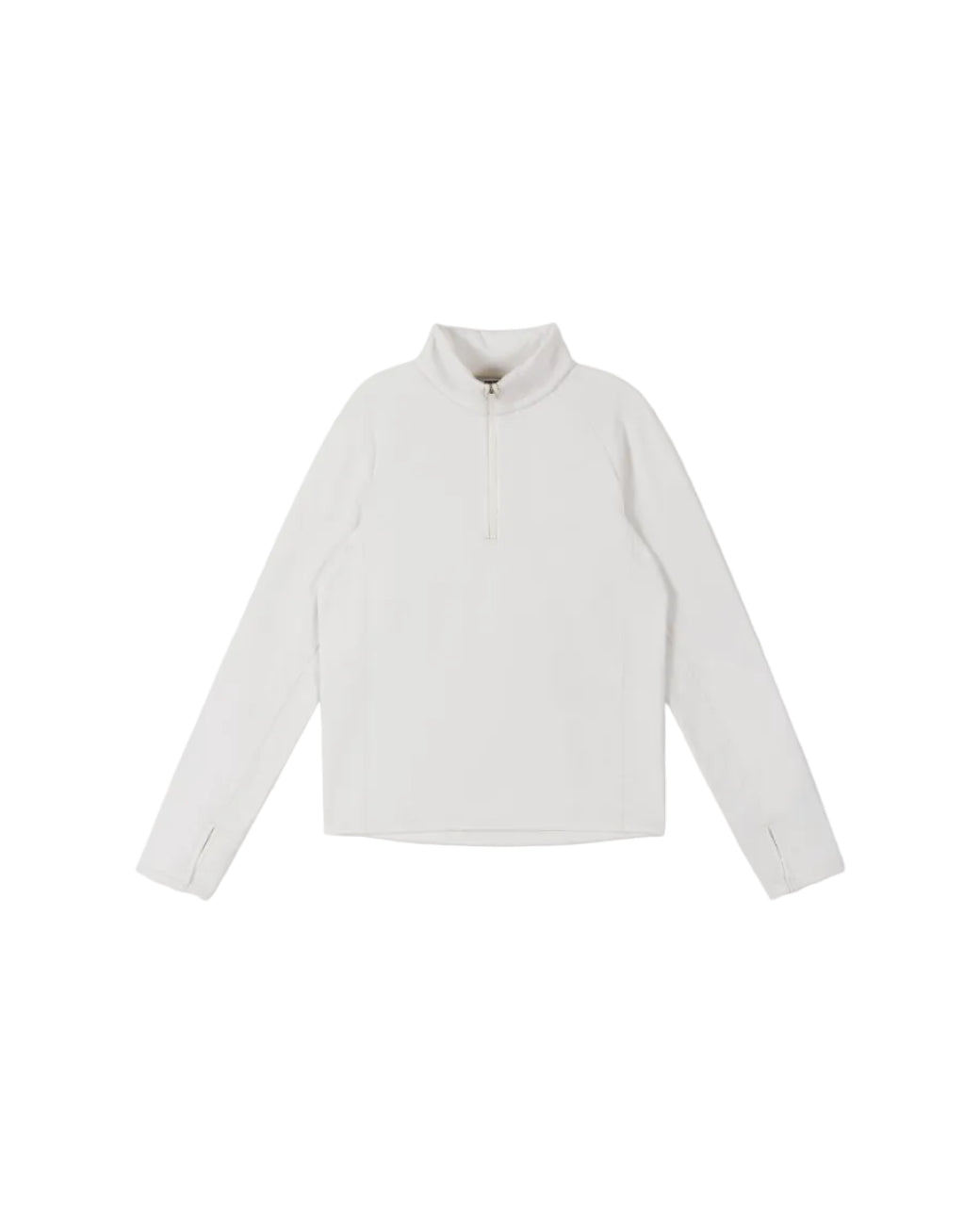 Front view of an off white Reima Jr Meriol Fleece Sweater featuring a full-length zipper, soft Seawool knit fabric, smooth low-friction outer face, and extended cuffs with thumb holes.