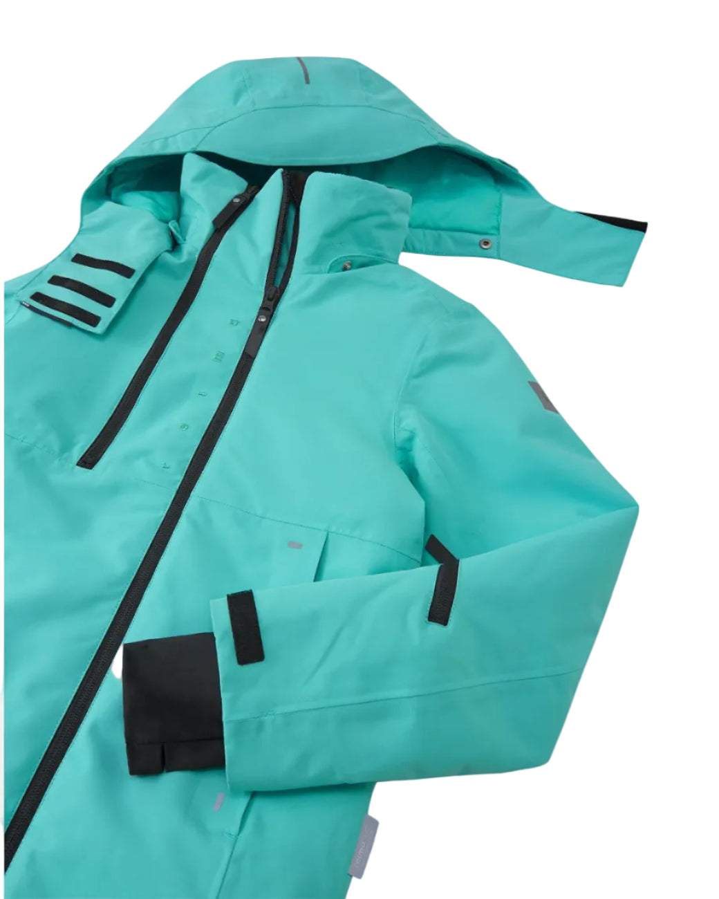 Front view of an aquamarine Reima Jr Perille Jacket featuring a waterproof Reimatec shell, detachable safety hood, zipped sleeve ski pass pocket, and full front zipper storm flap.