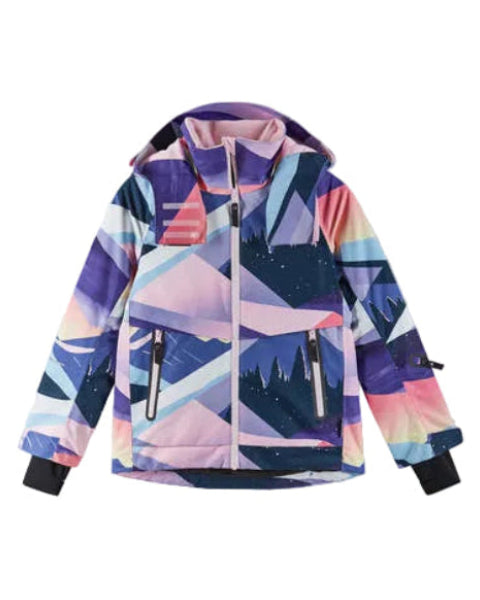 Reima JR Posio Ski Jacket featuring waterproof construction, lightweight insulation, adjustable hood, snow skirt, and a junior-specific fit for winter adventures.