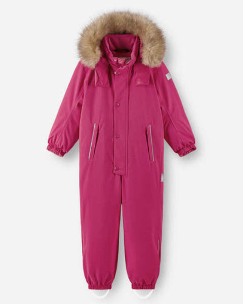 Reima JR Stavanger One-Piece Ski Suit featuring waterproof construction, lightweight insulation, detachable hood, reinforced knees, and full-body winter protection.