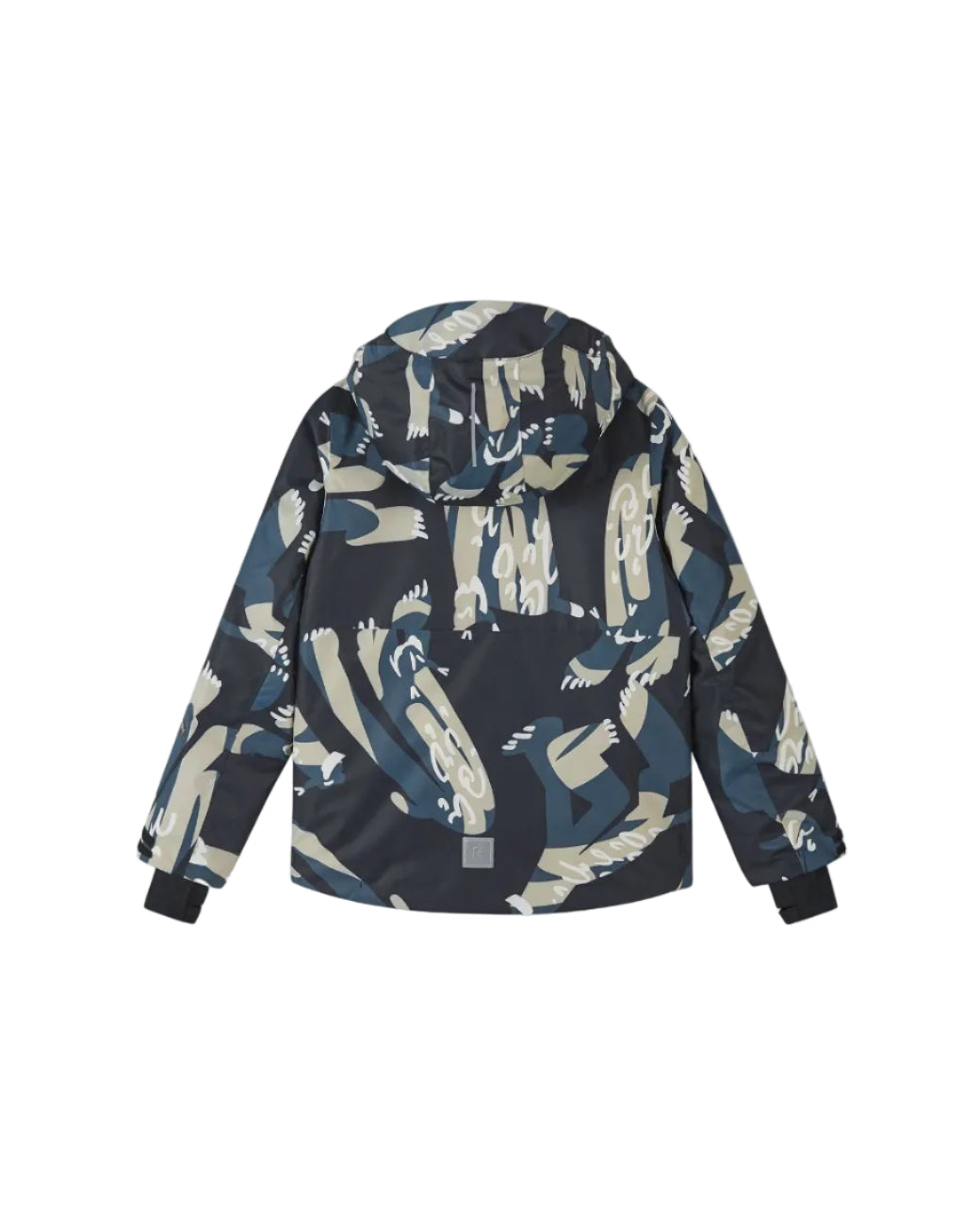 Rear view of the Reima Jr Tirro Jacket featuring a waterproof Reimatec shell, detachable safety hood, zipped sleeve ski pass pocket, and full front zipper storm flap.