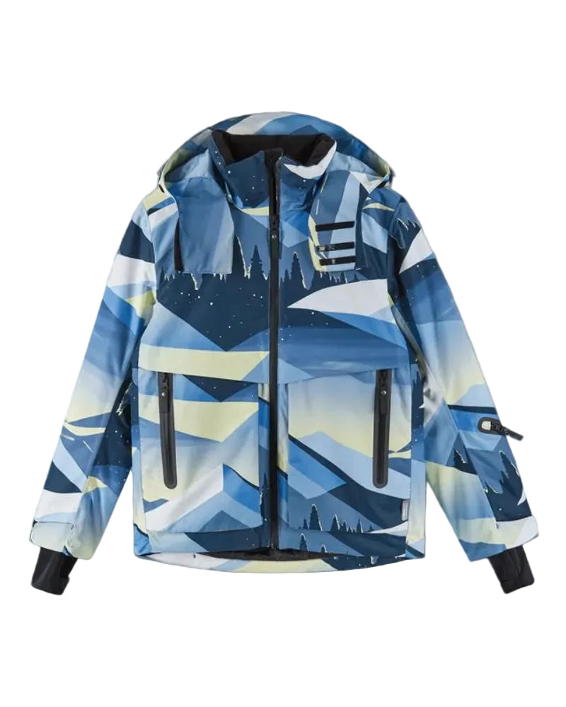 Reima JR Tirro Ski Jacket featuring waterproof construction, lightweight insulation, adjustable hood, snow skirt, and a junior-specific fit for winter adventures.