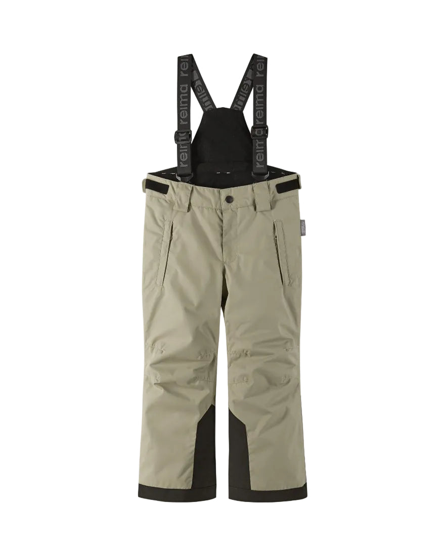 Front view of beige Reima Jr Wingon Pants featuring a waterproof Reimatec shell, detachable elastic suspenders, reinforced knee and hem panels, and zippered hand pockets.