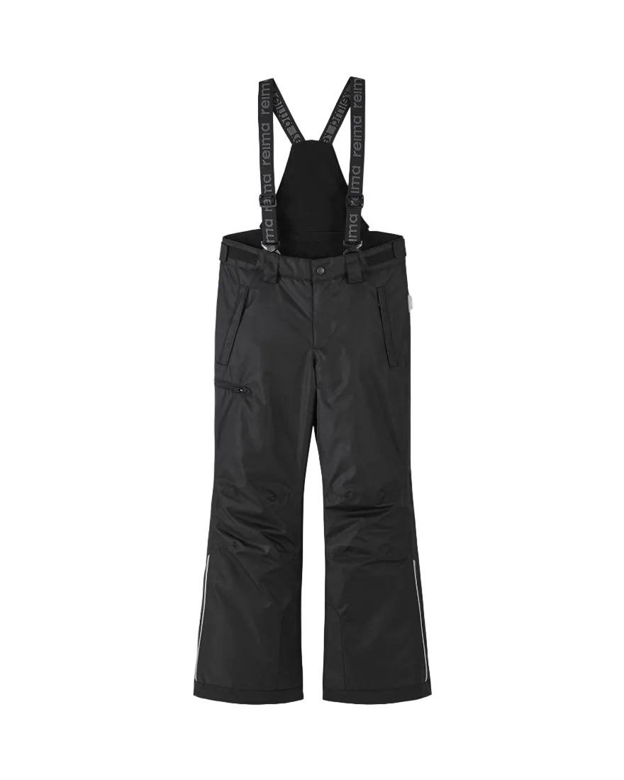 Front view of black Reima Jr Wingon Pants featuring a waterproof Reimatec shell, detachable elastic suspenders, reinforced knee and hem panels, and zippered hand pockets.