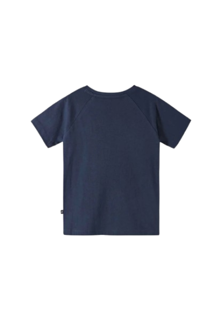 Back of a navy blue Reima Junior Ajatus t-shirt with a blue crab graphic on a white background