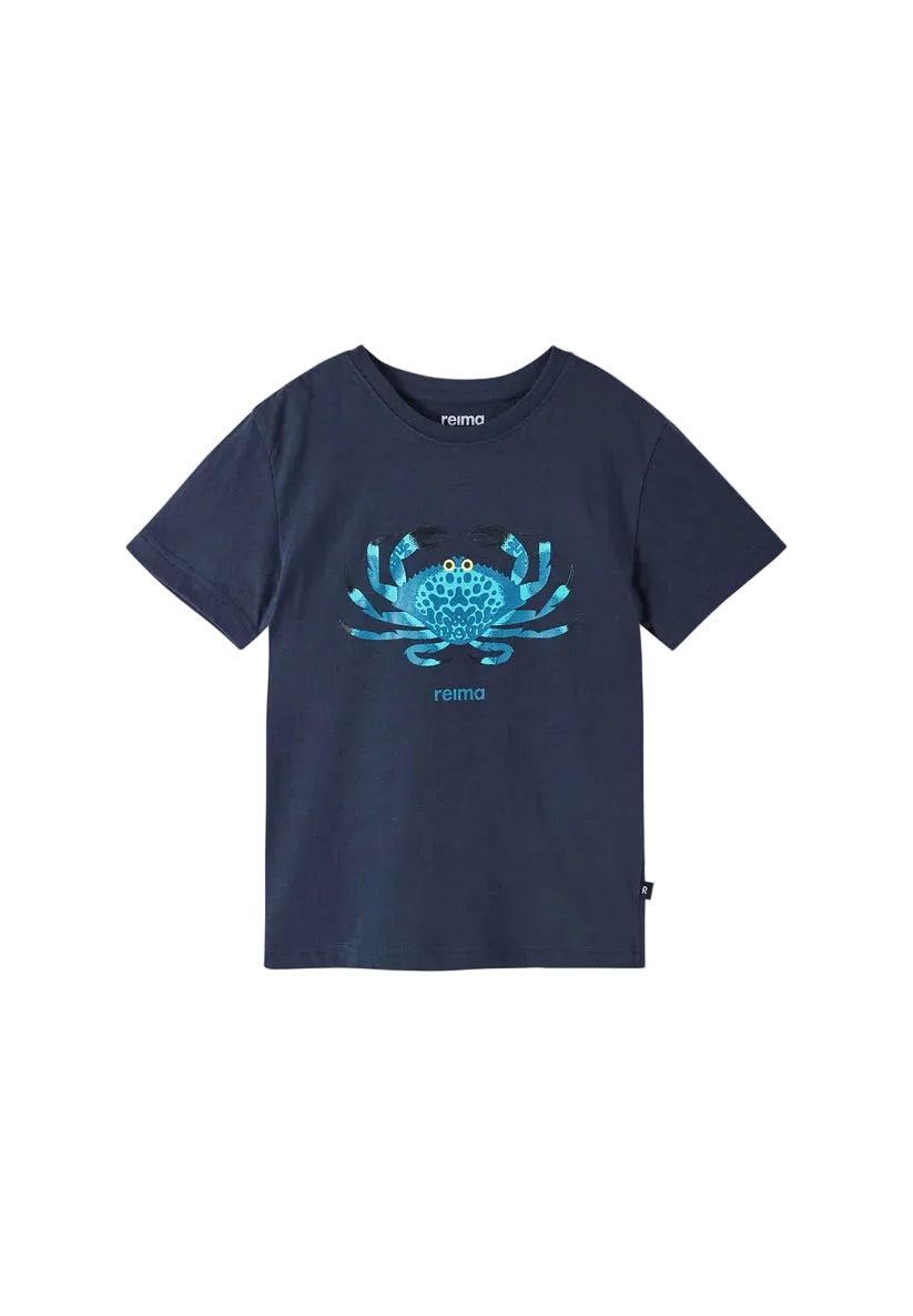 Navy blue Reima Junior Ajatus t-shirt with a blue crab graphic on a white background