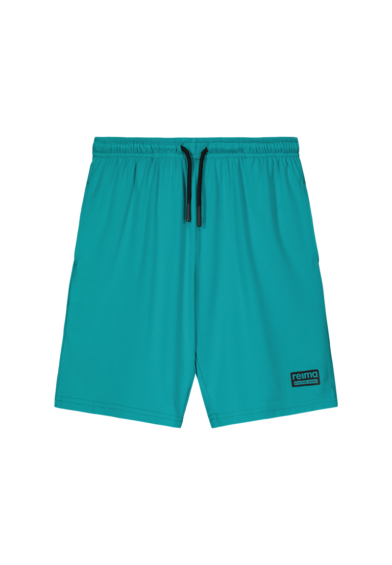 Teal Reima Junior Ilmassa Shorts with a Reima logo on a white background