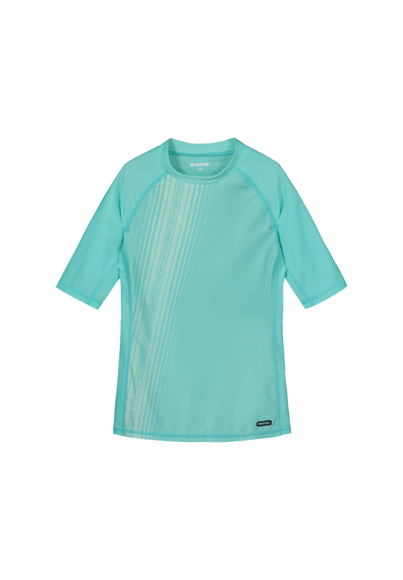 A turquoise Reima Junior Joonia Rash Guard Swim Top on a white background