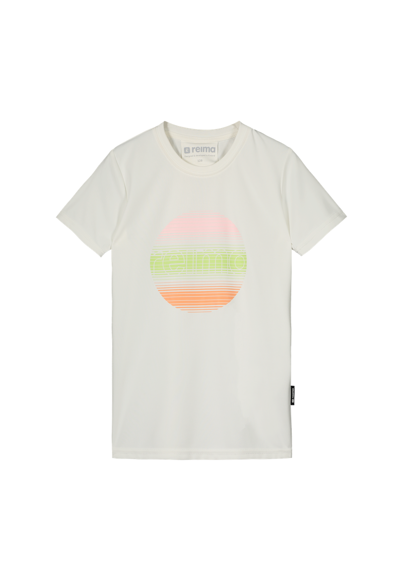 White Reima Junior Lupaava t-shirt with colorful graphic design on a white background