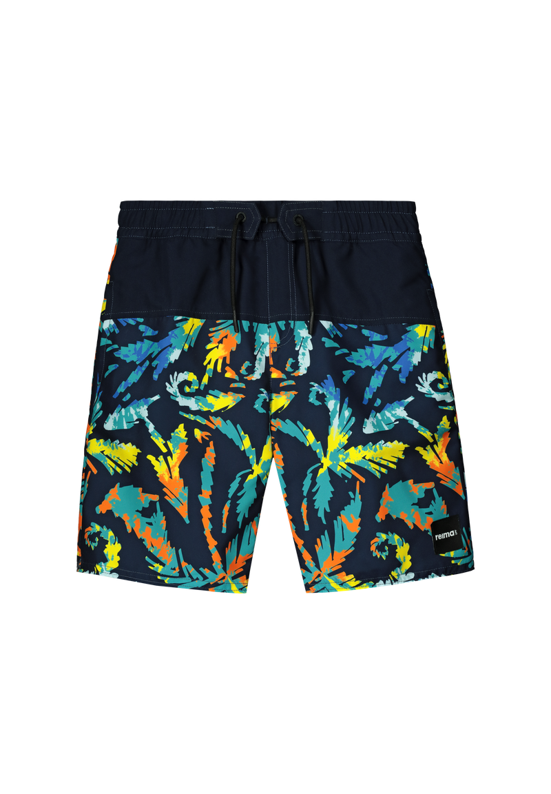 Black Reima Junior Papaija Swim Shorts with a colorful tropical pattern on a white background