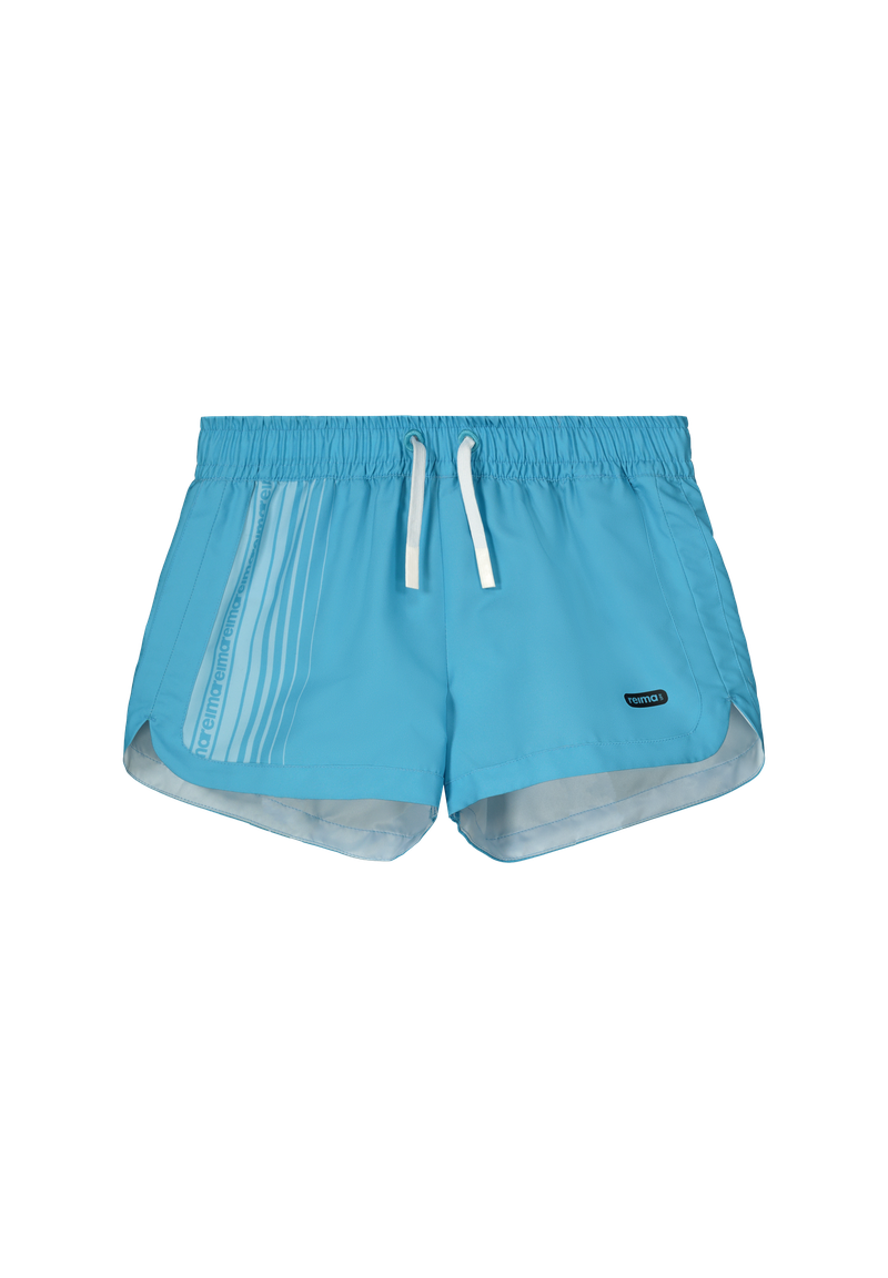 Blue Reima Junior Somero Swim Shorts with a white drawstring on a white background