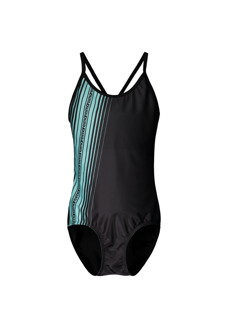 Black Reima Junior Tropiikki Swimsuit with a green striped pattern on a white background