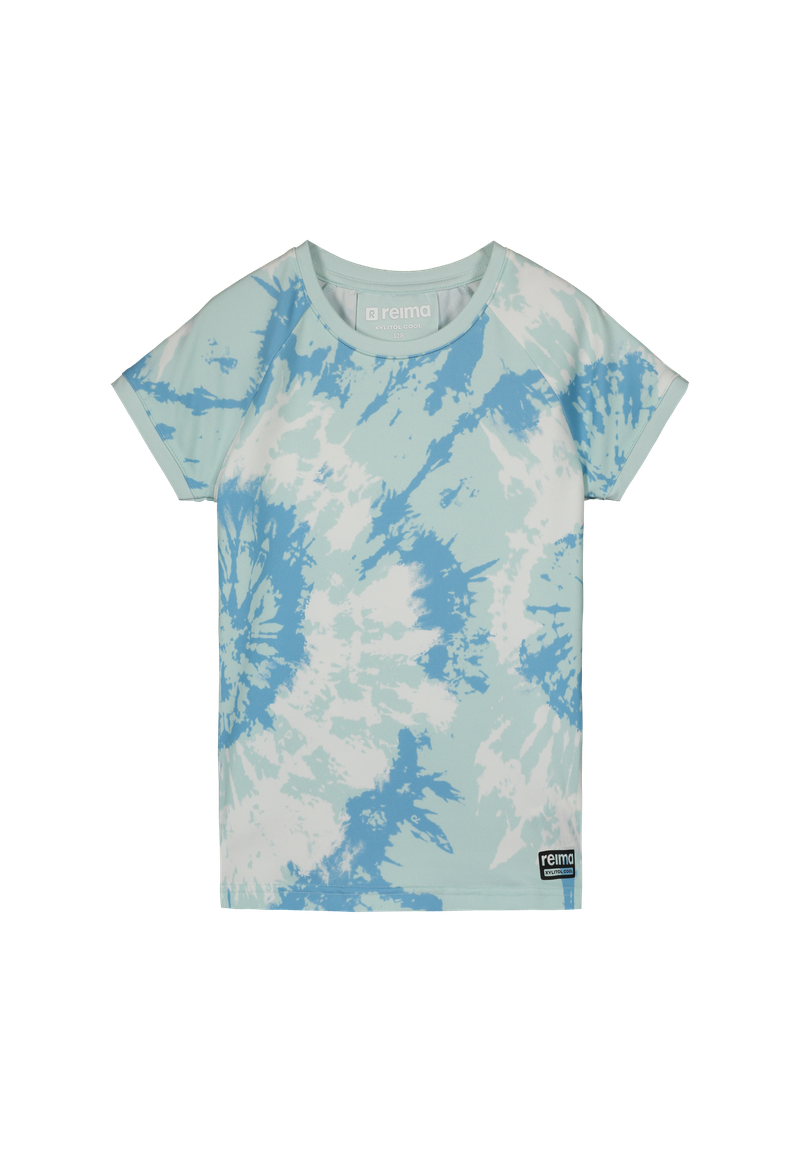 Tie-dye Reima Junior Vilpo t-shirt with blue and white pattern on a white background