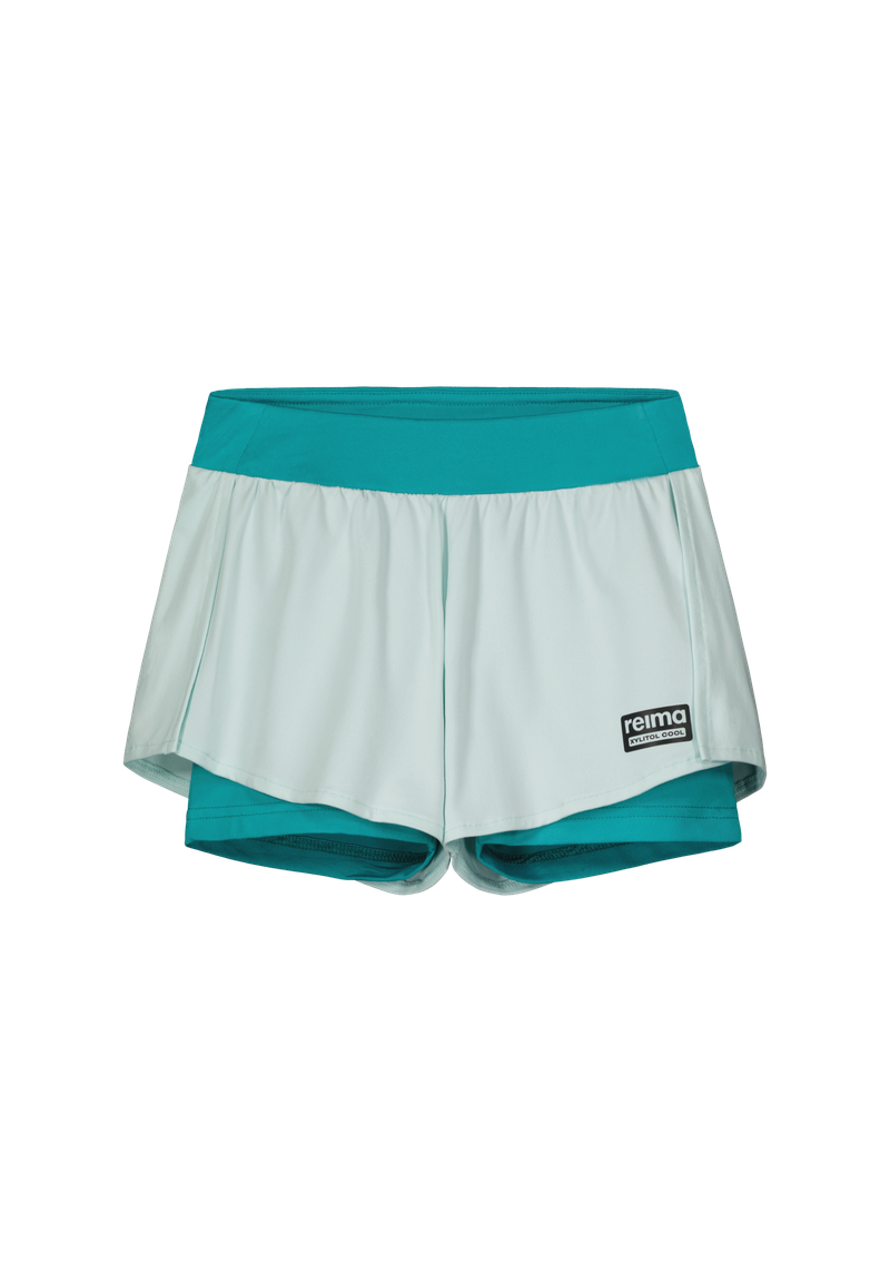 Teal Reima Junior Vilpoisa shorts with a Reima logo on a white background