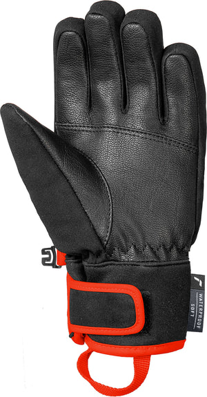 Reusch Worldcup Warrior R-TEX® XT JR Race Glove featuring a waterproof R-TEX® XT membrane, goatskin leather palm, reinforced knuckle protection, and junior race performance.