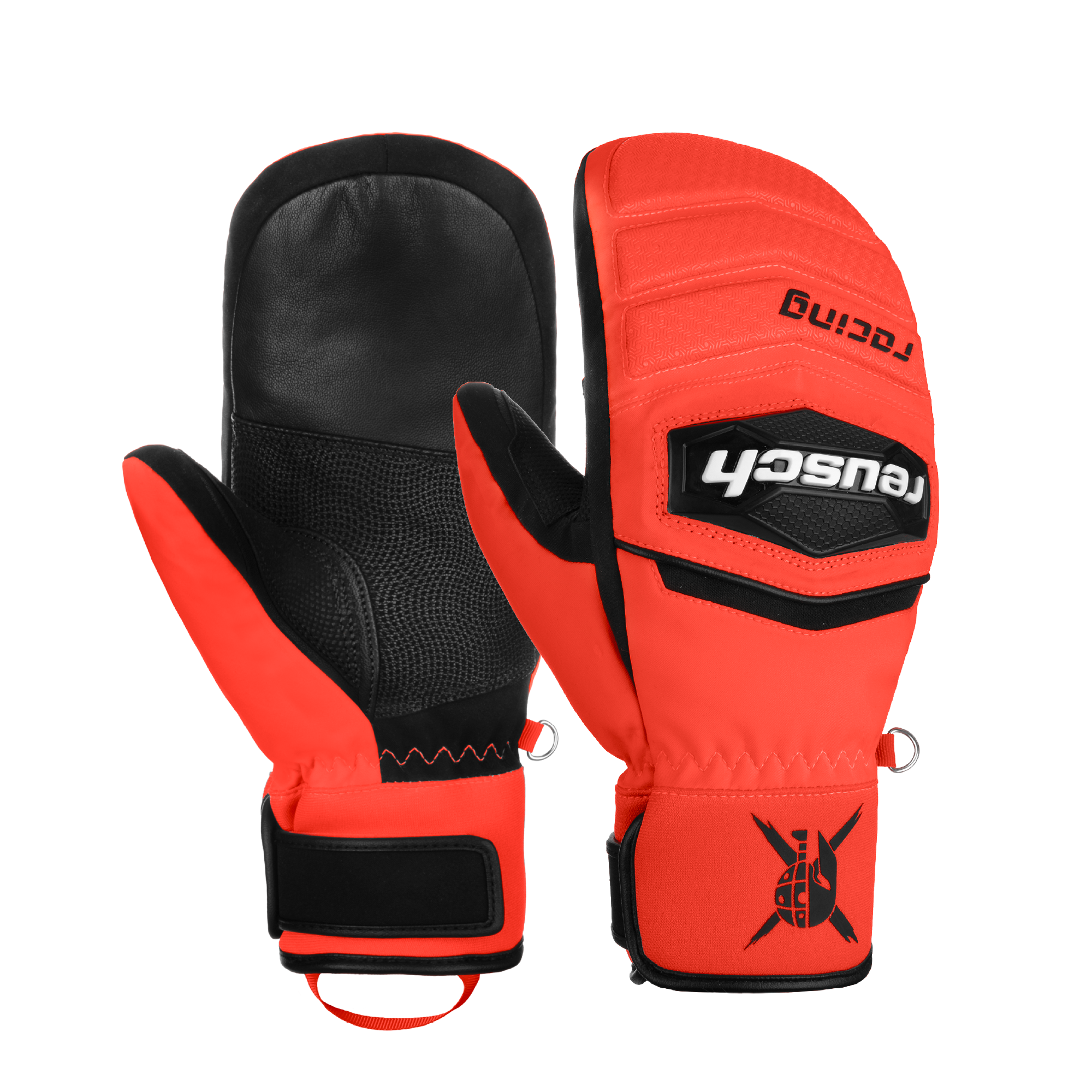 Reusch Worldcup Warrior R-TEX® XT JR Race Mitten featuring a waterproof R-TEX® XT membrane, goatskin leather palm, reinforced race protection, and a junior-specific fit.