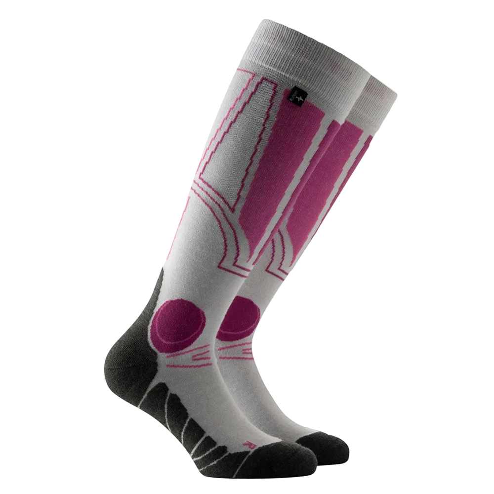 Anatomical L/R-specific Rohner Carving Socks featuring over-the-calf height, targeted shin and ankle cushion zones, footbed ventilation channels, and seamless toe knit construction.