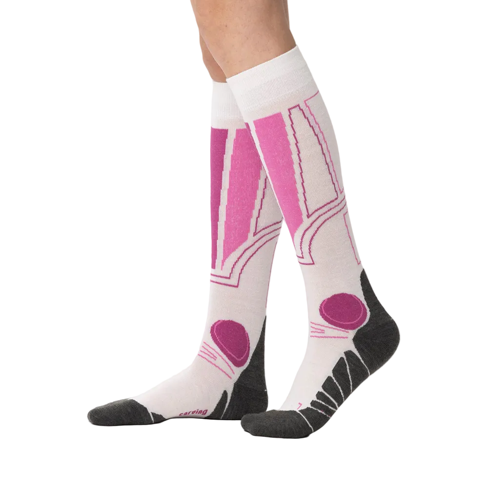 Anatomical L/R-specific Rohner Carving Socks featuring over-the-calf height, targeted shin and ankle cushion zones, footbed ventilation channels, and seamless toe knit construction.
