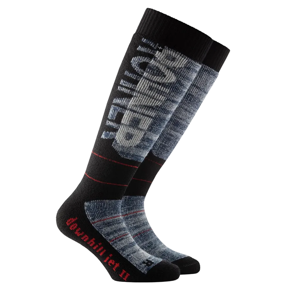 Navy Rohner Downhill Jet II Socks featuring targeted shin and malleolus pad zones, elastic arch/ankle support matrix, and seamless merino-blend knit construction.