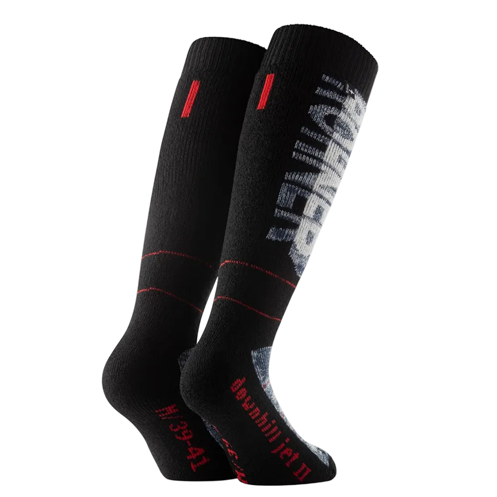 Navy Rohner Downhill Jet II Socks featuring targeted shin and malleolus pad zones, elastic arch/ankle support matrix, and seamless merino-blend knit construction.