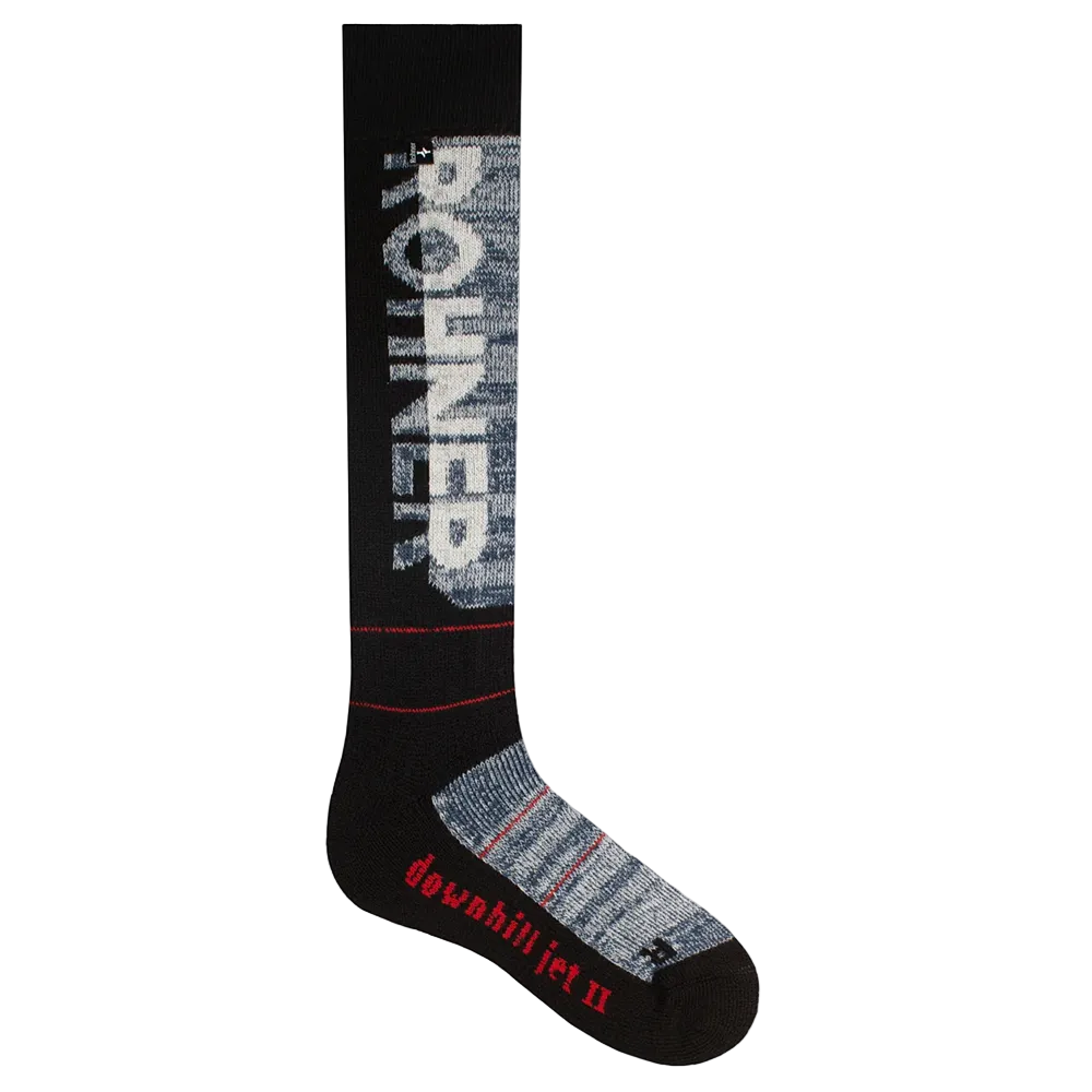 Navy Rohner Downhill Jet II Socks featuring targeted shin and malleolus pad zones, elastic arch/ankle support matrix, and seamless merino-blend knit construction.