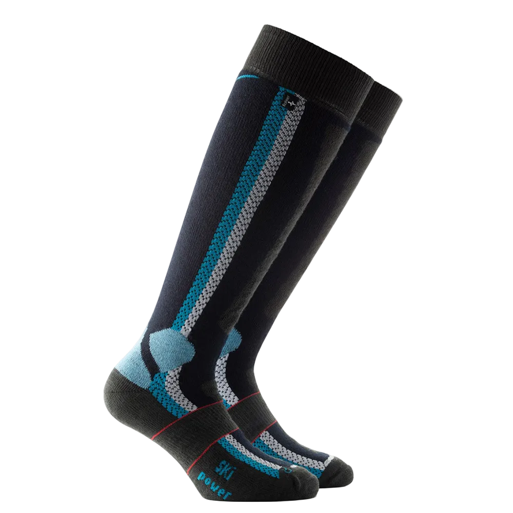 Anatomical L/R-specific Rohner Ski Power Socks featuring full terry plush cushioning, piqué weave air channels, bioceramic yarn blend, and hand-linked seamless toe construction.