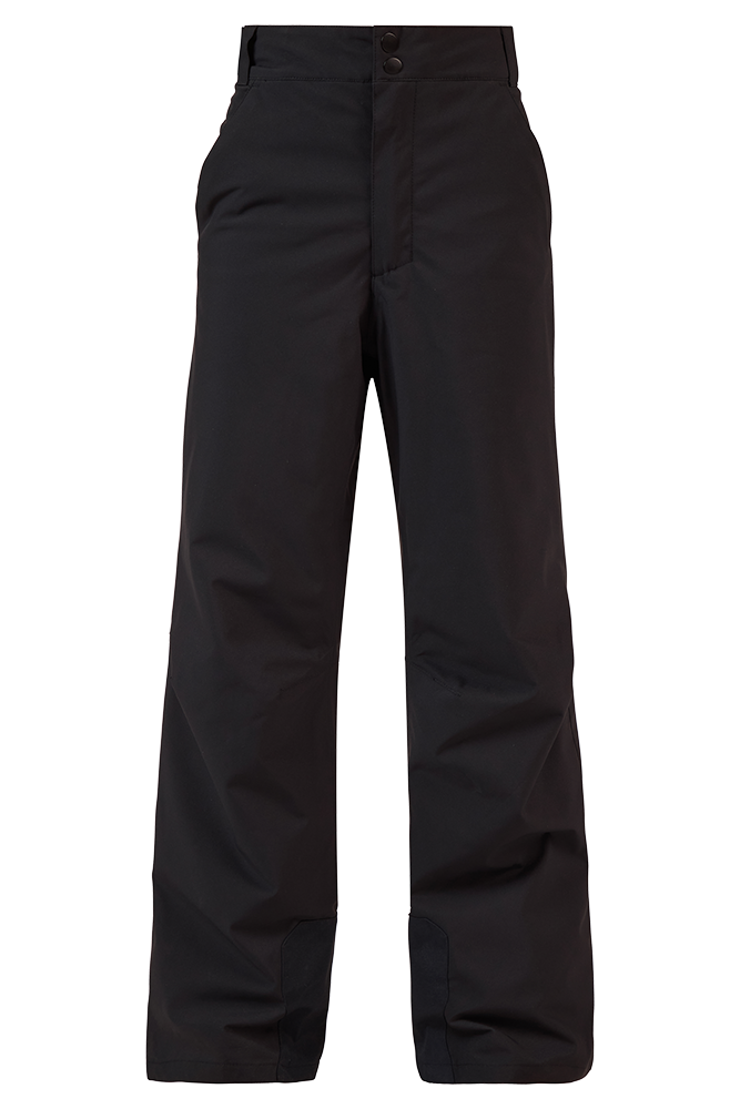 Front view of the black Rossignol Jr Boys’ Insulated Ski Pants featuring waterproof membrane fabric, synthetic insulation, adjustable waist tabs, integrated boot gaiters, and reinforced hem scuff guards.