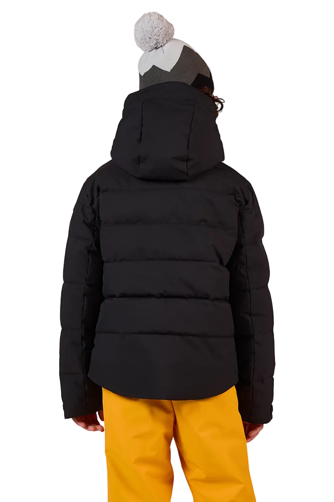 Rear view of a black Rossignol Jr Boys’ Siz Quilted Jacket featuring high-loft synthetic insulation, quilted baffle construction, DWR-treated shell, high stand-up collar, and zippered handwarmer pockets.
