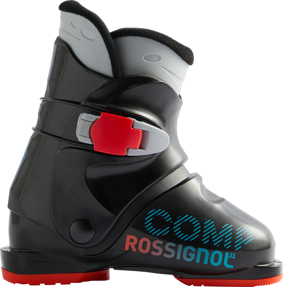 Rossignol Comp J1 JR Ski Boots in Black 2027 featuring a junior-specific fit, soft flex, and simple single-buckle closure for young beginner skiers.