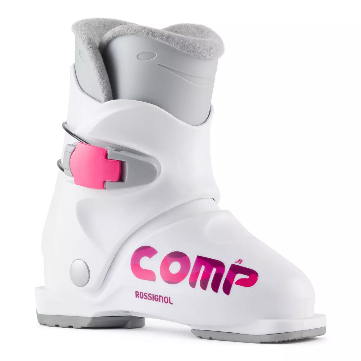 Rossignol Comp J1 JR Ski Boots in White 2026 featuring a junior-specific fit, soft flex, and simple single-buckle closure for young beginner skiers.