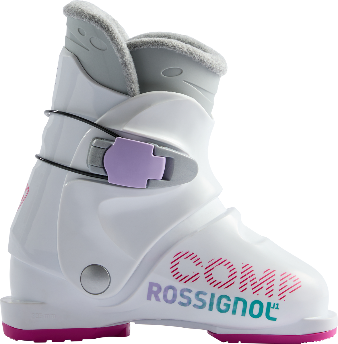 Rossignol Comp J1 JR Ski Boots in White 2027 featuring a junior-specific fit, soft flex, and simple single-buckle closure for young beginner skiers.