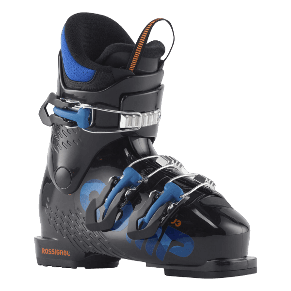 Rossignol Comp J3 JR Ski Boots in Black 2026 featuring a junior-specific fit, three-buckle closure, forgiving flex, and comfortable supportive construction.