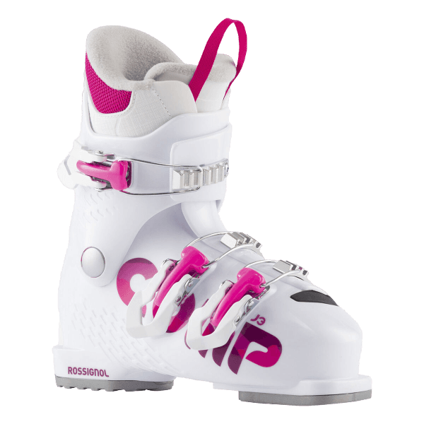 Rossignol Comp J3 JR Ski Boots in White featuring a junior-specific fit, three-buckle closure, forgiving flex, and comfortable supportive construction.