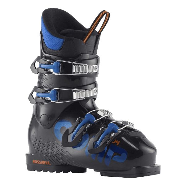 Rossignol Comp J4 JR Ski Boots in Black 2026 featuring a junior-specific fit, four-buckle closure, forgiving flex, and supportive construction.