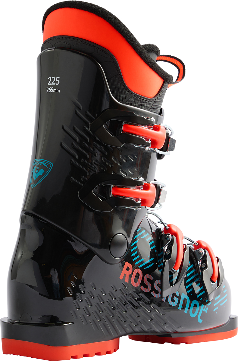 Rossignol Comp J4 JR Ski Boots in Black 2027 featuring a junior-specific fit, four-buckle closure, forgiving flex, and supportive construction.