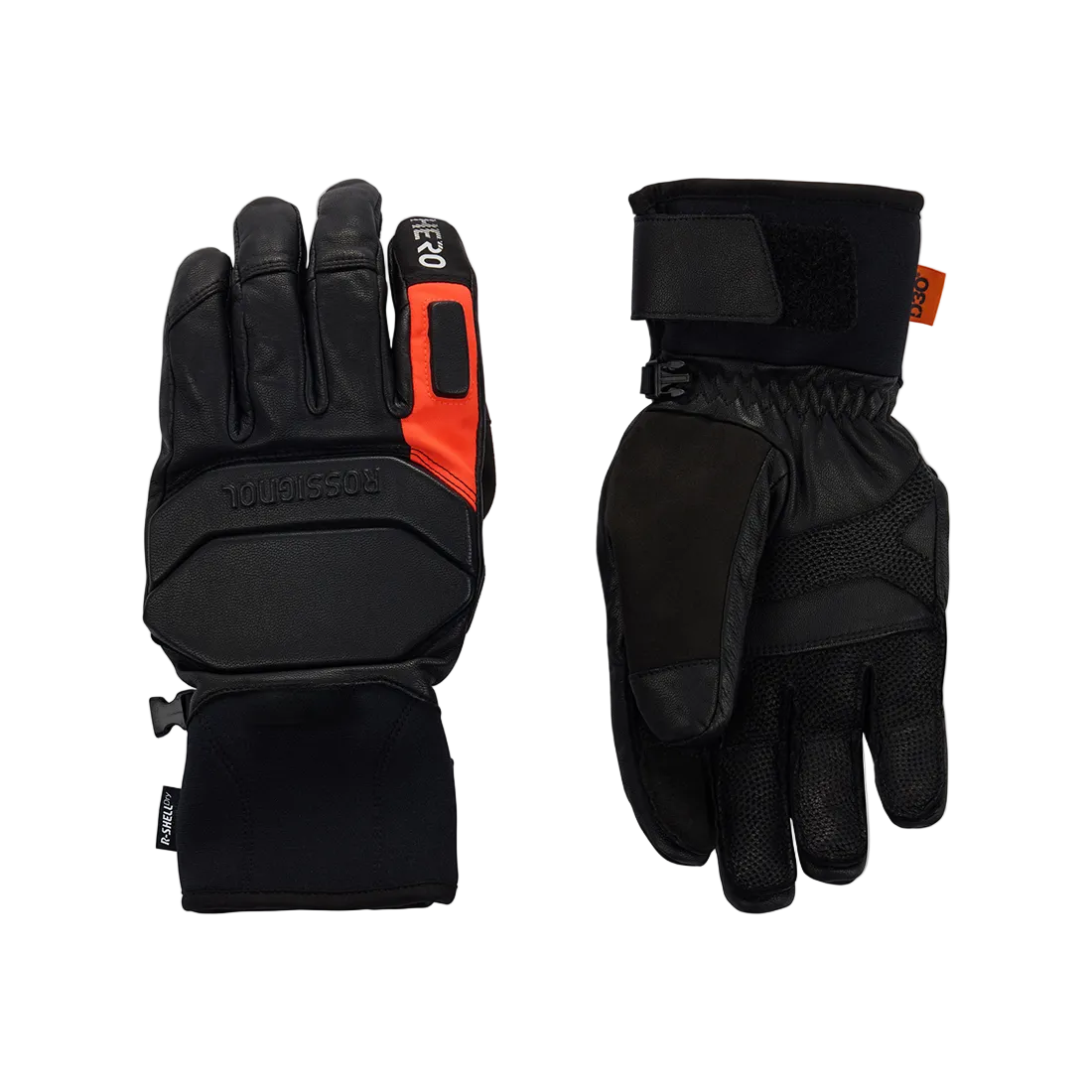 Front view of black Rossignol Hero R-Shell Dry Ski Gloves featuring an Imp'R waterproof membrane, low-bulk synthetic insulation, pre-curved fingers, reinforced palms, and an adjustable neoprene cuff.